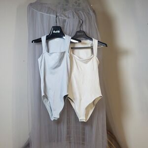 OQQ Shapewear Set Of 2 Sleeveless Bodysuits Yoga Size L Gray Beige Athleisure